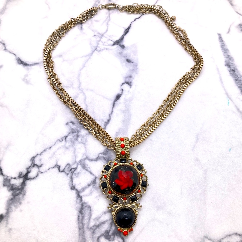 Gothic Renaissance Style Necklace Gold Tone Red & Black Flower Accent Medieval